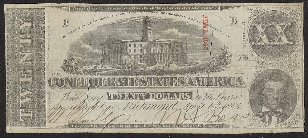 T-58, PF-19, 1863 $20 Confederate States of America Note, Ch.VF, cc